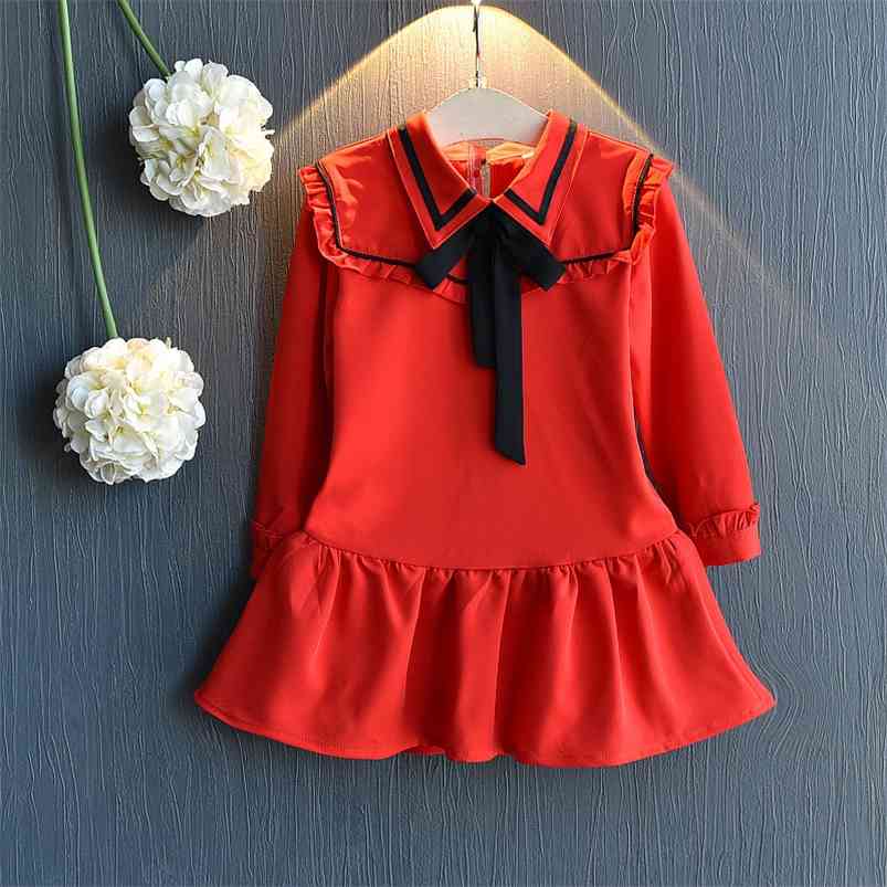 

Arrivals Winter Girls Dress Cute Long Sleeve Ruffles Fishtail Bow Tie Red es Vestidos 2-7T 210629
