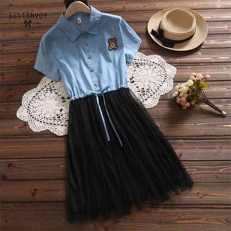 

Mori Girl Summer Women Denim Dress Turn-down Collar Mesh Patchwork Cartoon Ropa Mujer Short Sleeve Cute Ladies Dresses Vestidos 210520, Blue