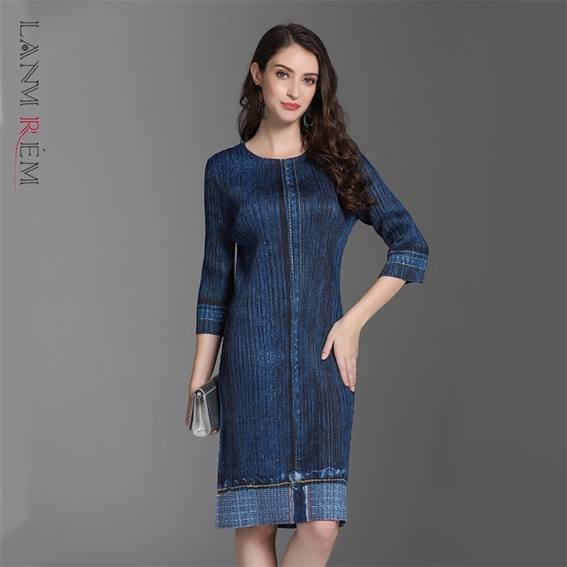 

Women Dress Round Neck Loose High Waist Three Quarter Sleeves Pleated Dresses Fashion Summer 2H238 210526, Denim blue