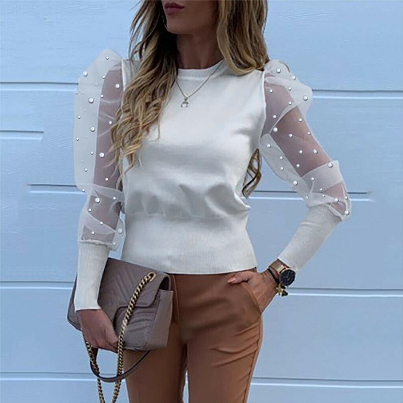 

fashion o neck mesh tulle women blouses long puff sleeve solid color lady autumn ol, White