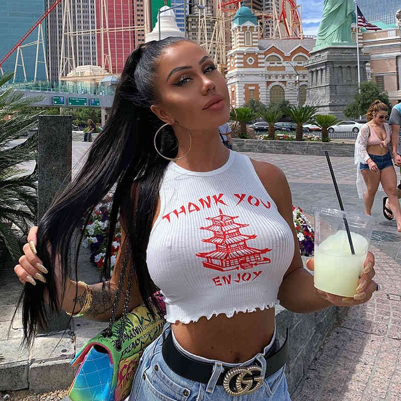 

Knitting Aprilgrass Brand Designer Print Neck Off Shoulder Tank Summer Women Casual Slim Streetwear Crop Tops Female Clothes Top, White