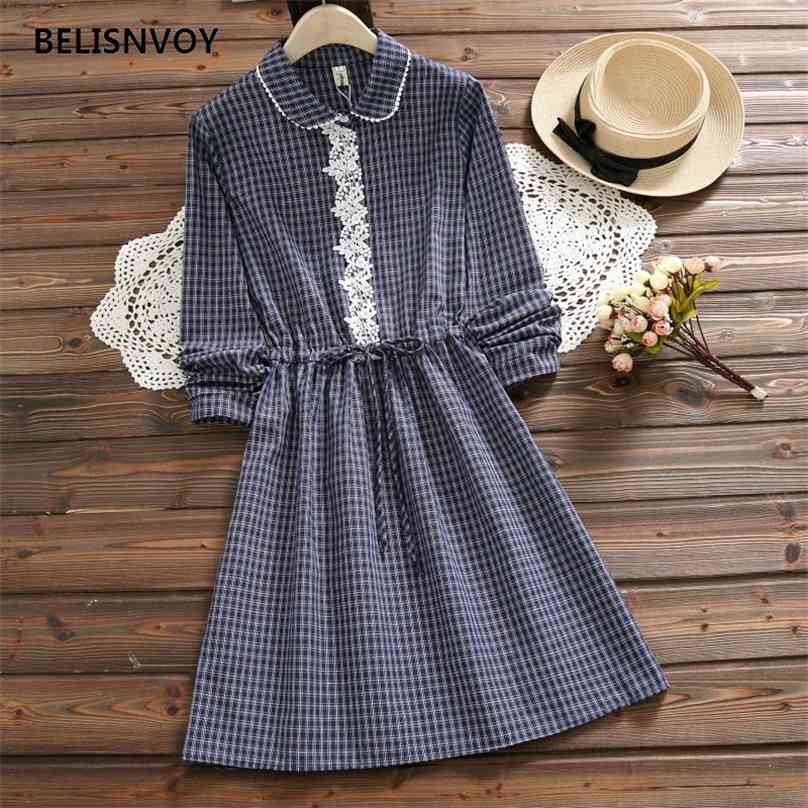 

Special offer Mori Girl Style Spring Autumn Women Cute Dress Vintage Plaid Cotton Linen Vestidos Long Sleeve Dresses With Lace 210520, Blue
