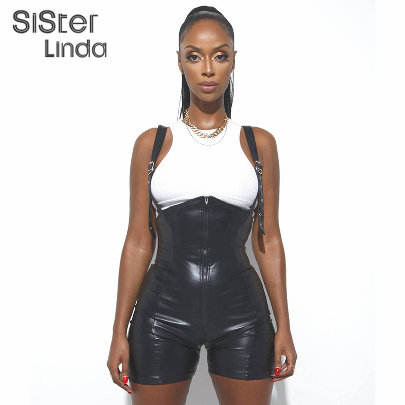 

Sisterlinda Sexy Backless Black Pu Leather Playsuit For Women Short Romper Hight Quality Sleeveless Zipper Skinny Sport Jumpsuit