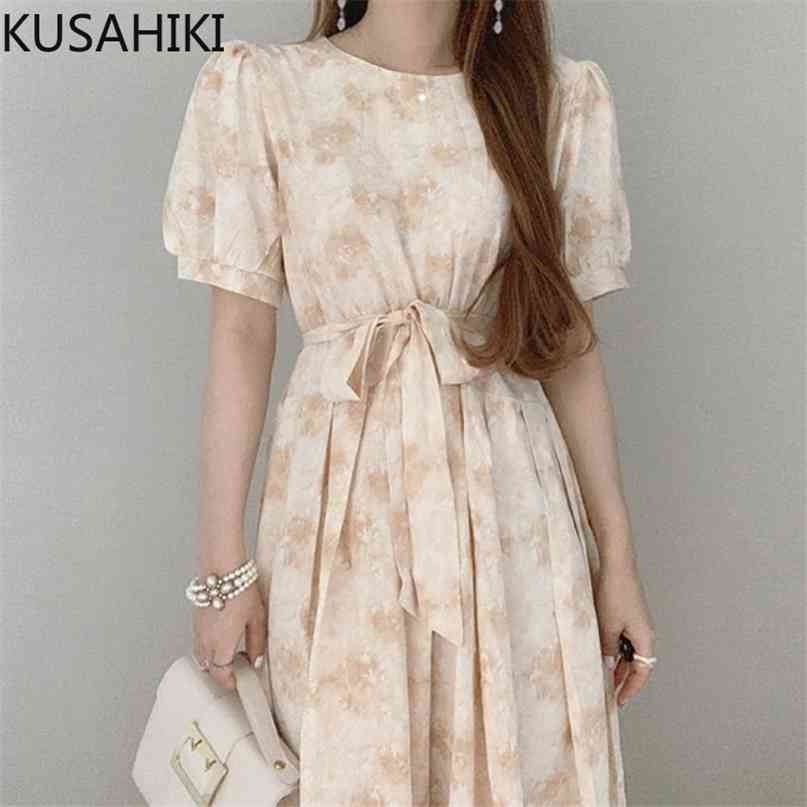 

Floral Women Dress Korean Puff Sleeve O-neck Vestidos Femme Summer Bow Bandage Slim Waist Dresses 6J087 210603, Brown