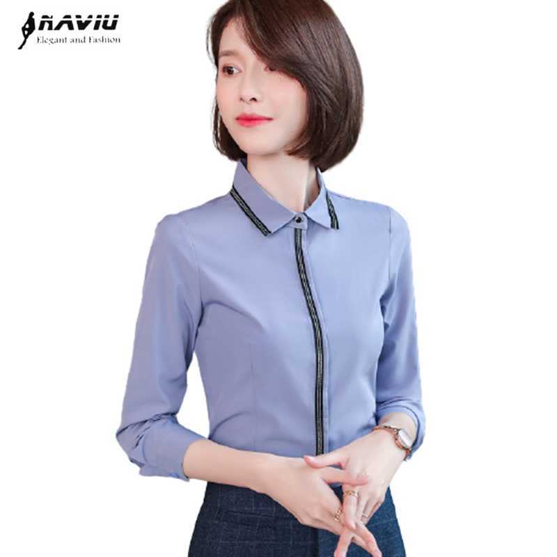 

Gray Shirt Women Fashion Long Sleeve Formal Chiffon Blouses Spring Temperament Business Slim Work Tops 210604, White