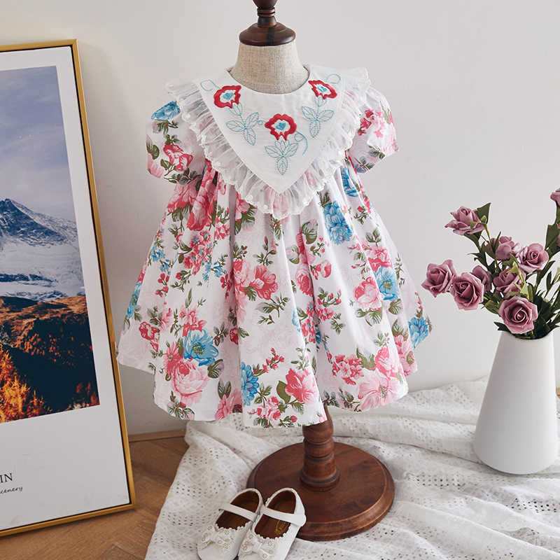 

Girls Floral Embroidery Dresses Baby Princess Sweet Frocks Summer Children Birthday Baptism Outfits Spainsh European Clothing 210615, Pink