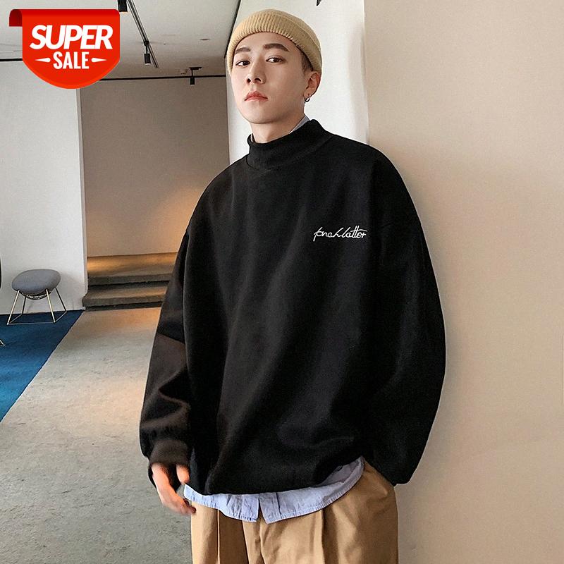 

INTFEDAY basic color half-collar sweater men's letter embroidery plus velvet thick base #5Z4B, Black