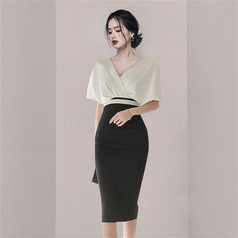 

Women Office OL Slim Bodycon Short Sleeve Pencil Work Dresses Vestidos Ladies High Waist Hit Color Party Dress Female 210526, Photo color
