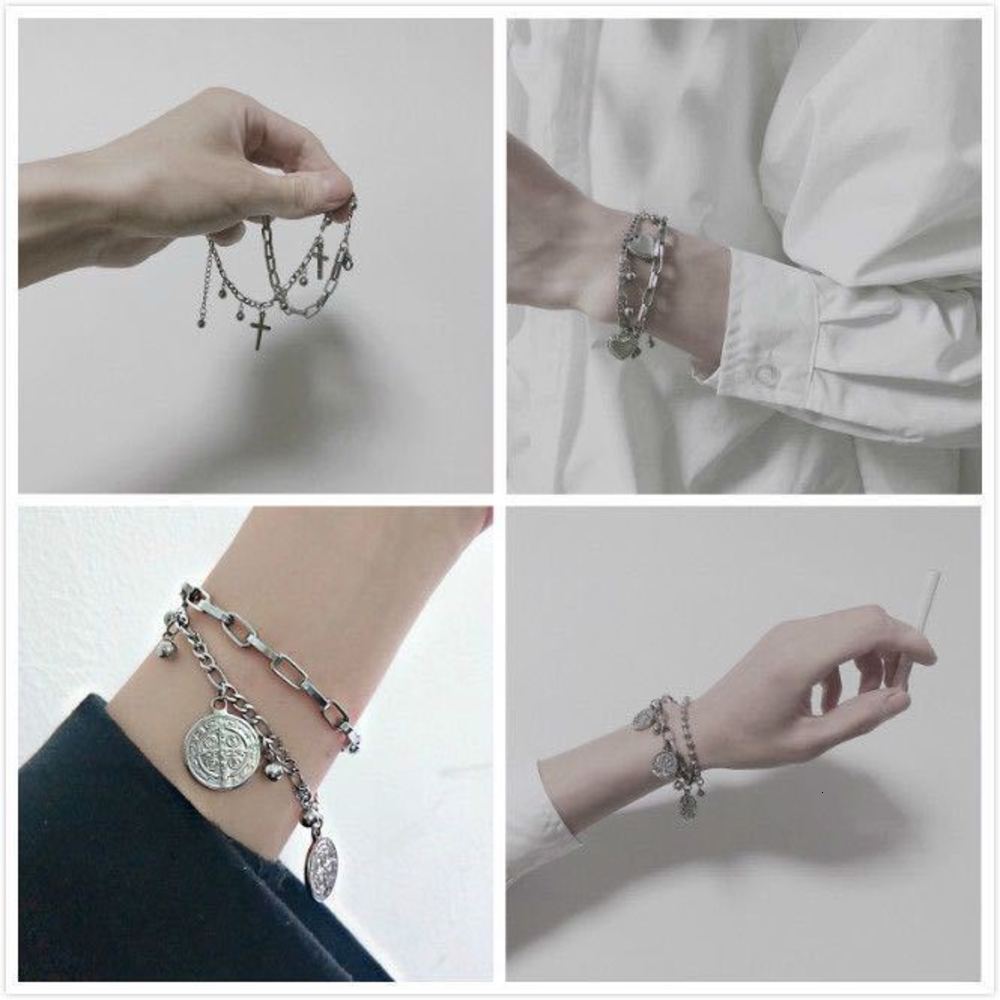 

Han Fan Life Tree ins titanium steel cross Jesus love bracelet lovers single double layer chain, Golden;silver