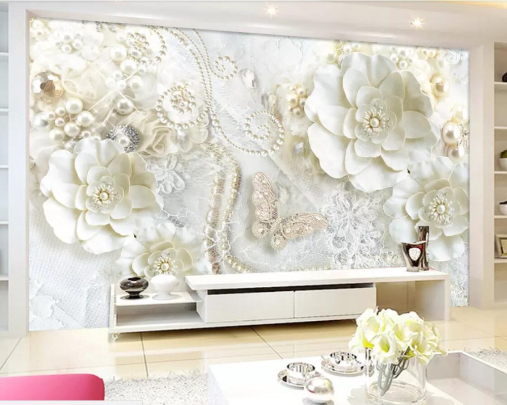 

Custom wallpaper 3d photo mural pale white butterfly flowers jewelry living room background wall paper papel de parede