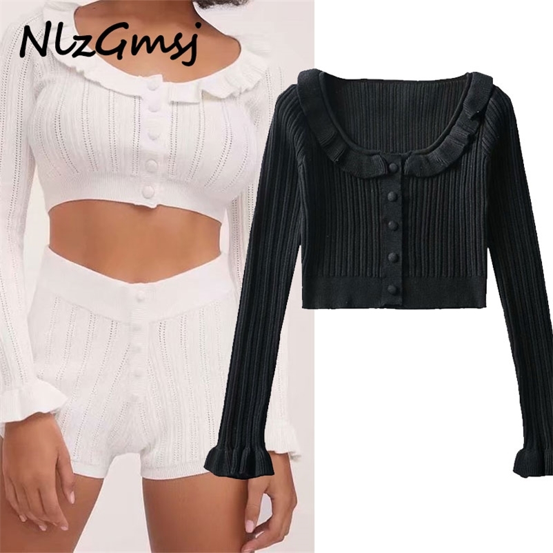 

Women Spring White Cropped Pull Femme Vintage Front Buttons Cardigan Chic Ruffles Sweater Casual Knitted Tops 210628, As picture
