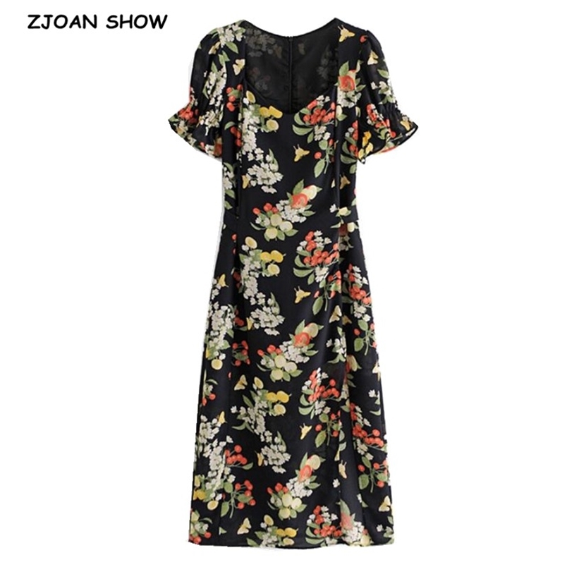 

Spring France Vintage Square Collar Puff Short sleeve Flower Print Midi Dress Women Tie Bow Sashes Ruched Hem Slit 210429, Multi