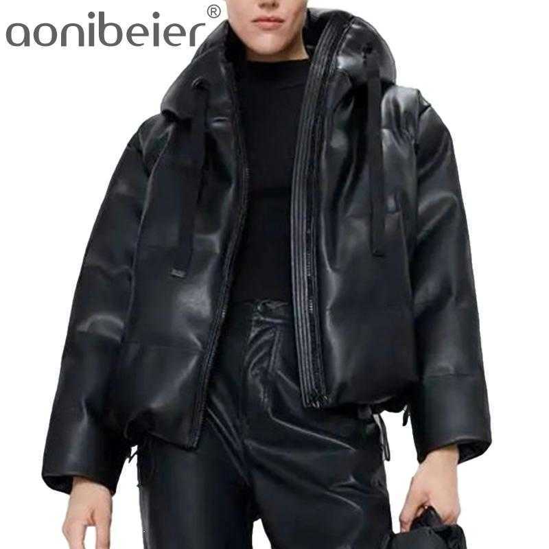 

Hooded Winter Coat for Women PU Leather Coats Faux Parkas Casual Zipper Cotton Jackets Female Ladies 210604, Khaki