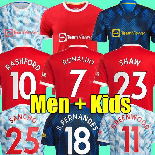 

RONALDO 21 22 SANCHO Manchester soccer jersey UNITED Fans Player version MAN BRUNO FERNANDES LINGARD POGBA RASHFORD football shirt UTD 2021 2022 men + kids kit sets, 3rd kids