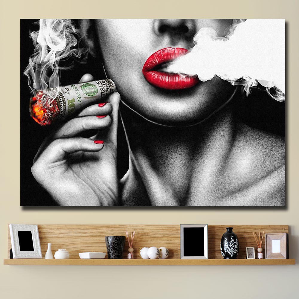 Unframed Painting Red Lips Smoking Figure Print Retro Wall Art Canvas Poster-image-734608184
