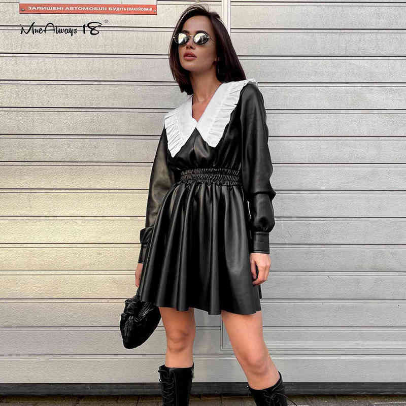 

Mnealways18 Patchwork Women Leather Dress With Peter Pan Collar High Waist Autumn Winter Dress Elegant Ladies Black Dress Frill G1223