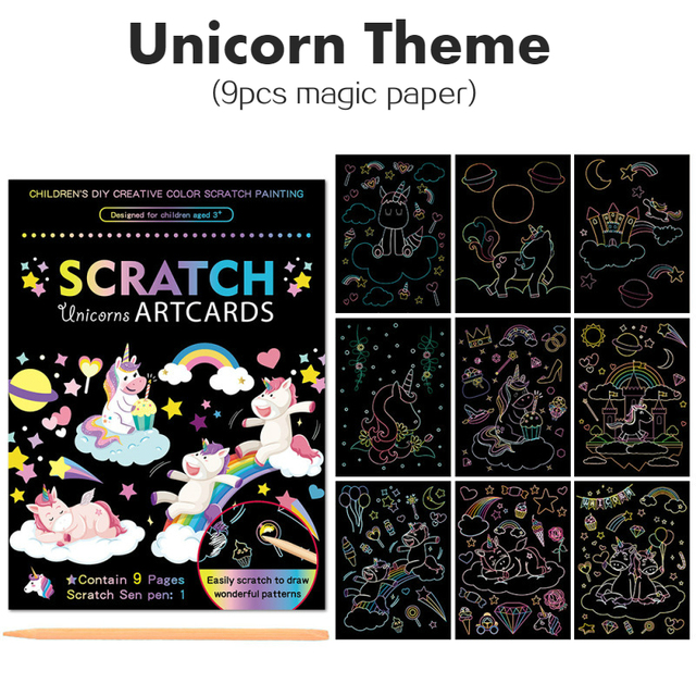 Magic Rainbow Color Scratch Art Painting Paper Card Kit Cartoon Dinosaur Unicorn Drawing Board Kids Make DIY Puzzle Toys-image-696101480