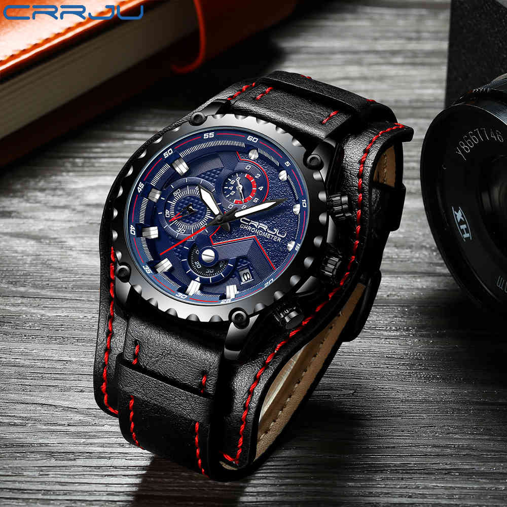 

Top Brand Luxury Male Military Multifunction Wristwatch CRRJU Chronograph Leather Watches Men's Sport Luminous Quartz Watches 210517, Black black