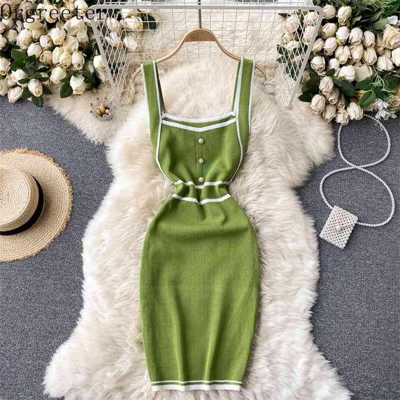 

Summer Thin Sweater Dress WomenSquare Collar Sleeveless Button Details Stretchy Knitted Tank Sexy Sheath Step 210602, Black