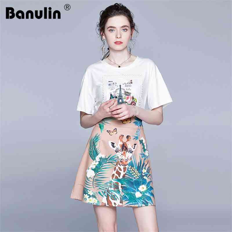 

Banulin Summer Fashion Designer Skirt Suits Women's Short Sleeve Top and Animal Floral Print MIni Skirts 2 Two Pieces Set 210603, White