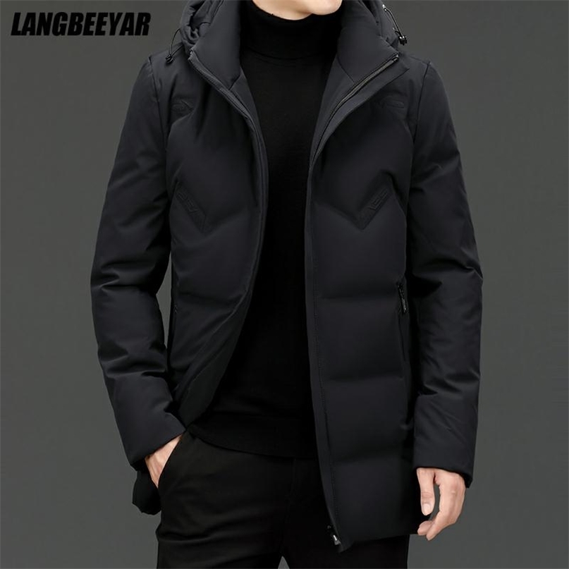 

High End Brand Casual Fashion Long 90% Mens Duck Down Jacket With Hood Black Windbreaker Puffer Coats Winter Mens Clothes 211204, Navy blue