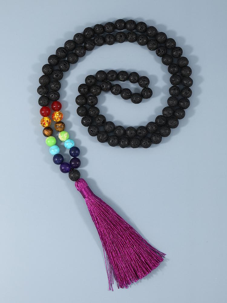 

Pendant Necklaces YUOKIAA Natural Stone Lava Rock Mala Beads Necklace Energy 7 Chakras With Tassel Prayer Women Men Yoga Spirit Jewelry, Silver