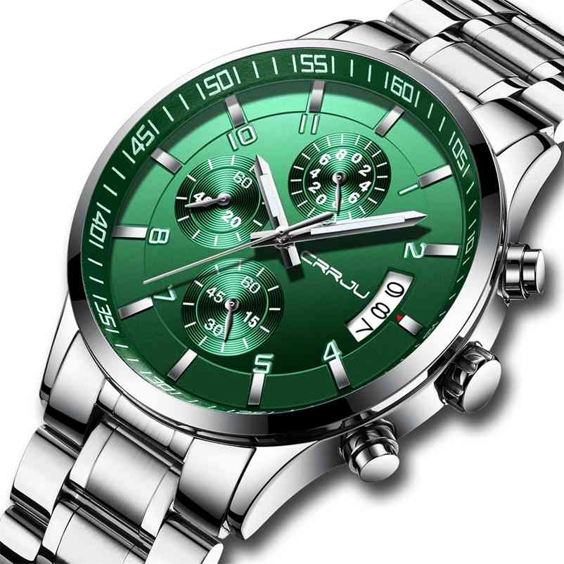 

CRRJU Mens Watches with Stainless Steel Waterproof Analog Quartz Fashion Business Luminous Metal Watch for Men, Auto Date 210608, Green