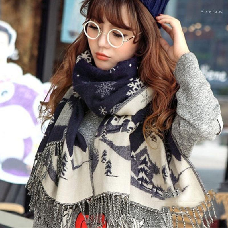 

Scarves Women Winter Scarf Cashmere Warm Snowflake Pattern Shawls And Wraps Long Tassel Wool Pashmina Sjaal Christmas Gift 200*80CM