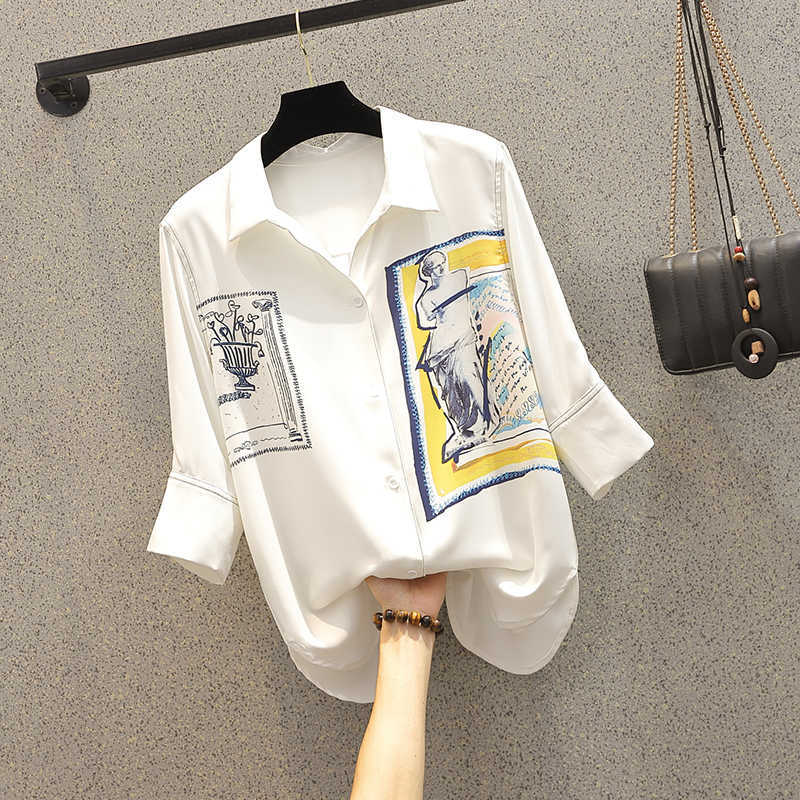 

Minimalist Loose White Shirts for Women Turn-down Collar print Female Shirts Tops Spring Summer Blouses plus size 4XL 210604