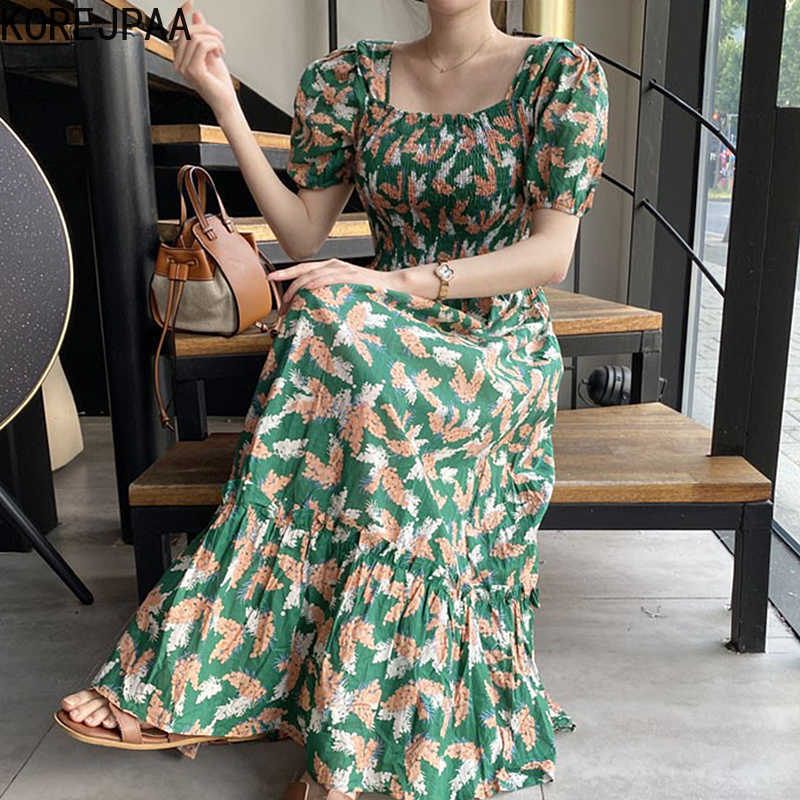 

Korejpaa Women Dress Summer Korean Fashion Retro Elegant Square Collar Pleated Waist Slim Floral Short Sleeve Long Dresses 210526, Blue
