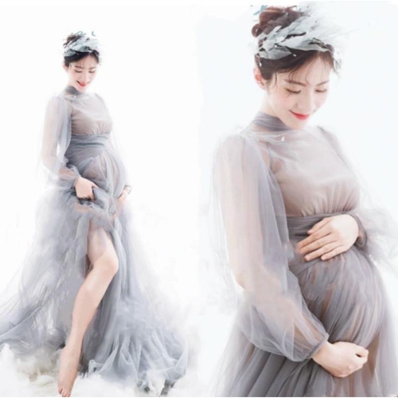 

Maternity Dresses Long Pography Props Tulle Perspective Pregnancy Dress Mesh Maxi Gown For Pregnant Women Po Shooting, Light grey