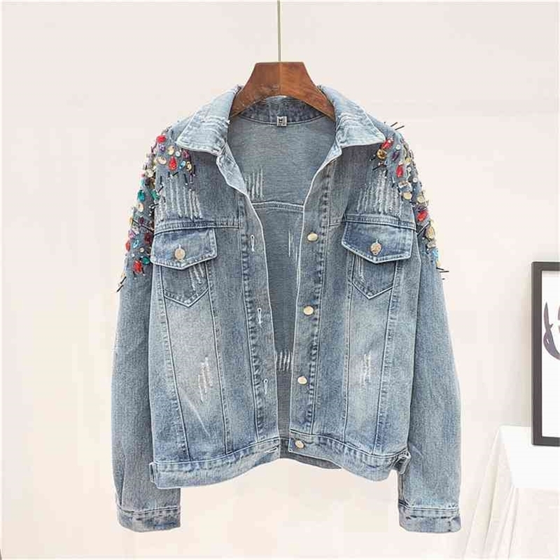 

Woman Denim Jacket Diamond Gem Embroidery Long Sleeve Vintage Chic Fashion Coat Female High Quality Blue 210603