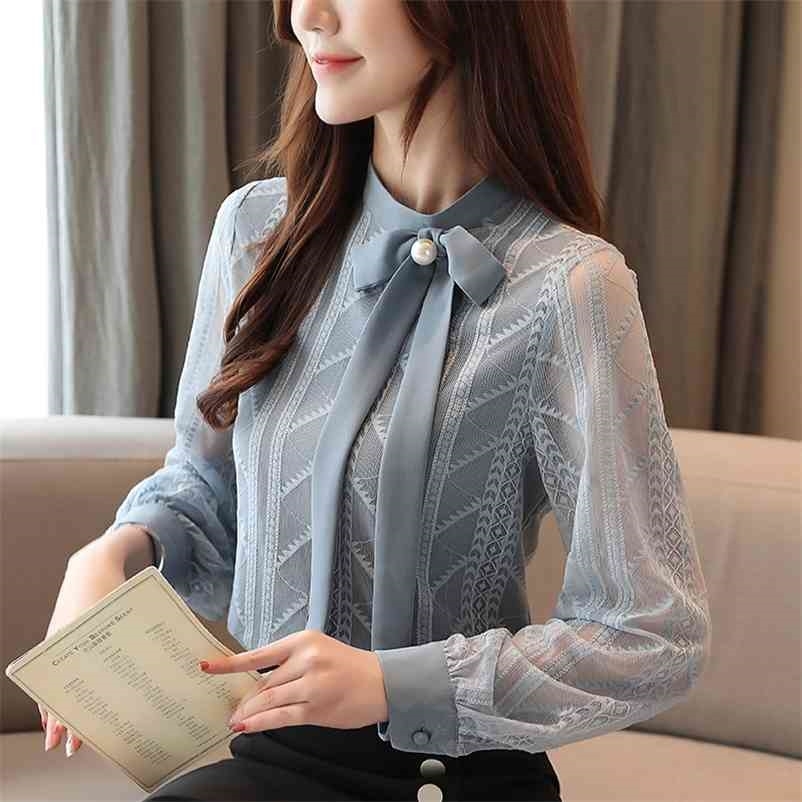 

Elegant Korean Women shirt long-sleeved Casual clothing fashion Ribbon Lace blouse Tops 210517, Blue