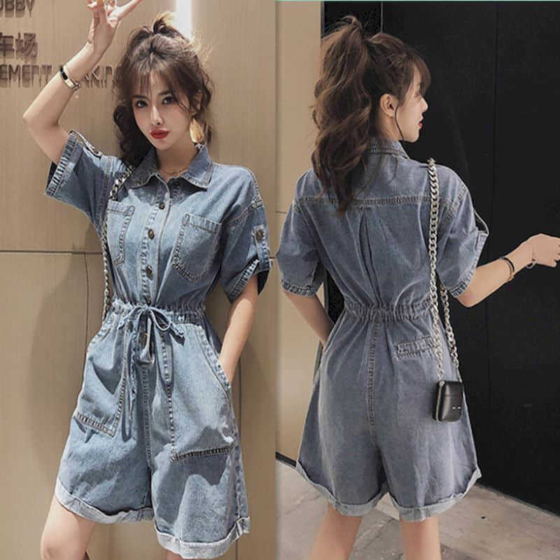 

Denim jumpsuit women high street summer waist loose slimming all-match leg overalls Trend clothing 210526, Beige