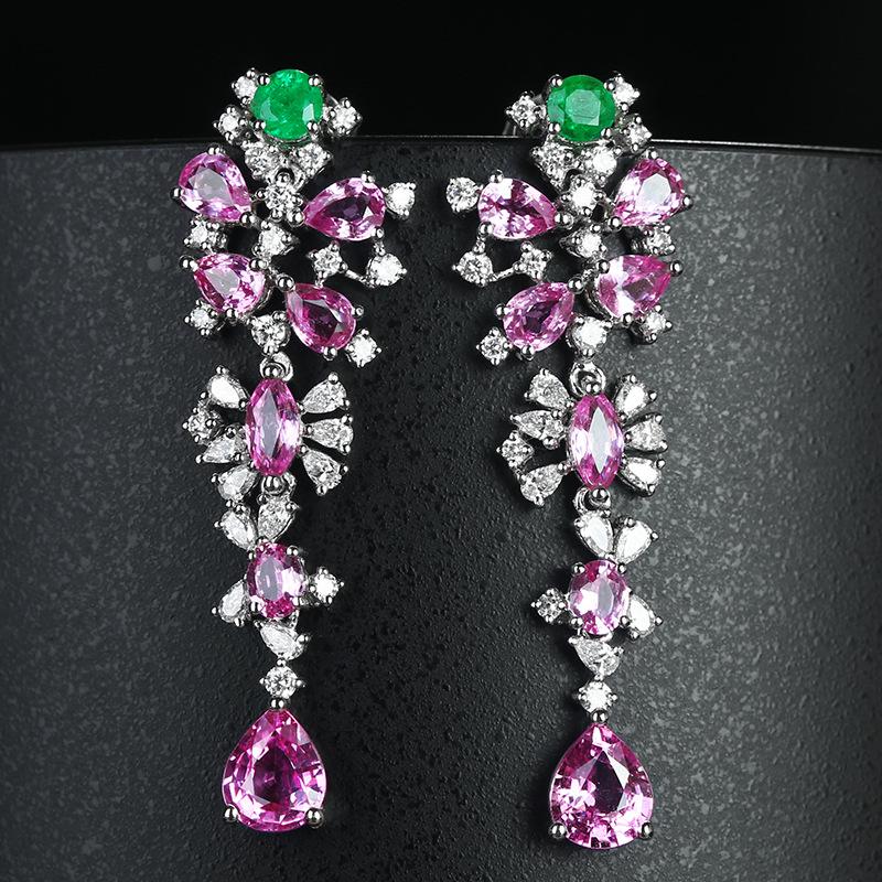 

Dangle & Chandelier 2021 Design Trendy Geometric Women Earrings Green And Pink Zircon Retro Elegant Earring Fine Gift Accessories Jewelry, Silver