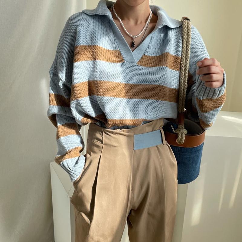 

Women's Sweaters 2022 Stripe Women Streetwear Knitted Striped Ladies Elegant Jumper Long Sleeve Turn-down Collar Pullover Tops Autumn, White;black