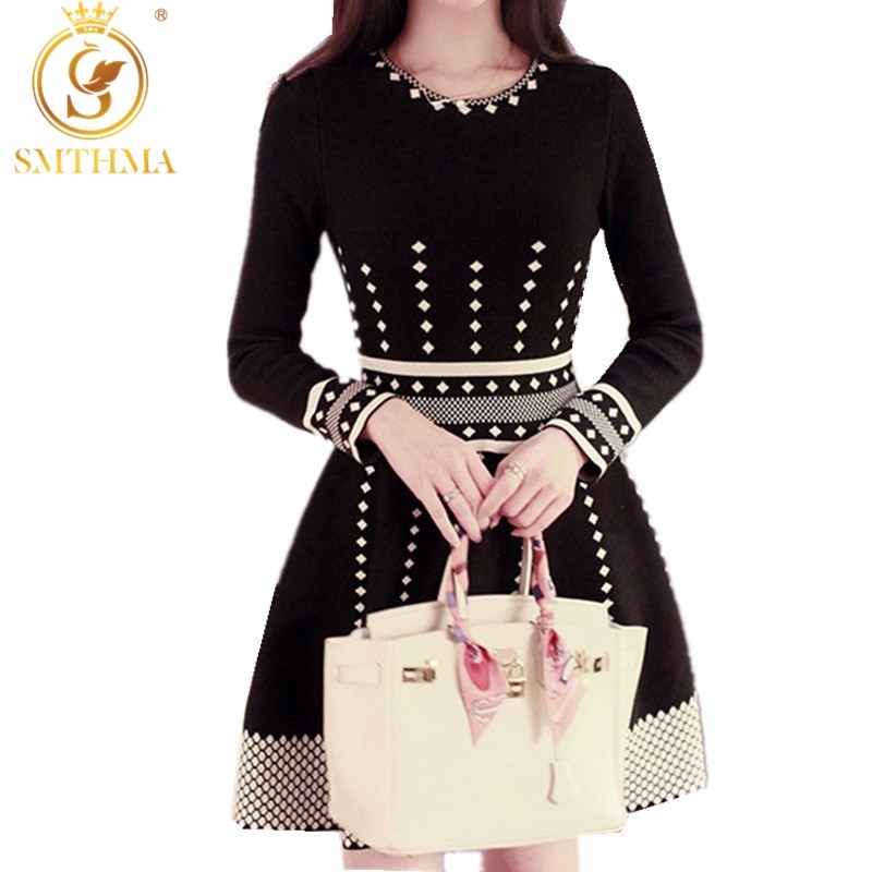 

Winter Dress Women' Long Sleeve Knit Geometric Print Female Slim Pleated Sweater Dresses Vestidos 210520, Photo color