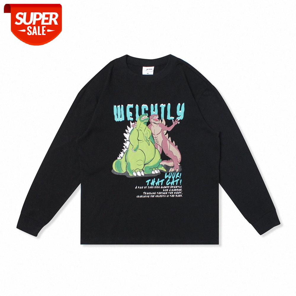 

Dinosaur print long-sleeved T-shirt men's lazy street style loose round neck pullover bottoming shirt #ES7O, White;black