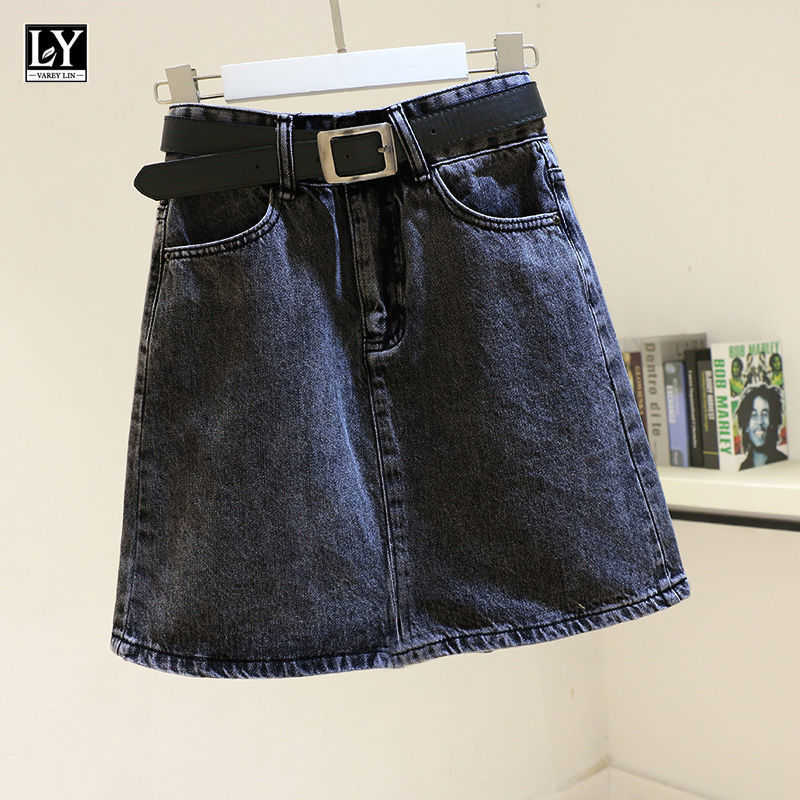 

LY VAREY LIN Spring Summer Casual Female High Waist A-line Mini Jeans Black Skirts with Belt Women Blue Denim Skirt 210526