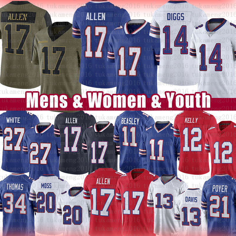 

17 Josh Allen Cole Beasley Football Jersey Stefon Diggs Tre'Davious White Matt Milano Poyer Gregory Rousseau Jim Kelly Micah Hyde Zack Moss Dawson Knox Thurman Thomas, Youth size s-xl(bier)