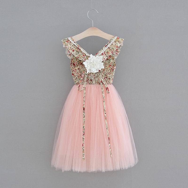 

Girl's Dresses Girl Princess Beige Floral Mid Calf Length Soft Pink Gauze Backless Sweet Children Clothing 2-7Y HH001 BX01