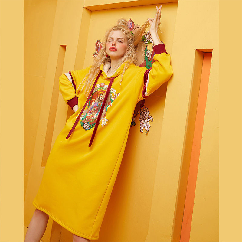 Dresses ELFSACK Yellow Patchwork Jesus Print Funny Women Hoodies Winter Colorblock Long Sleeve Casual Female Daily es-image-680959361