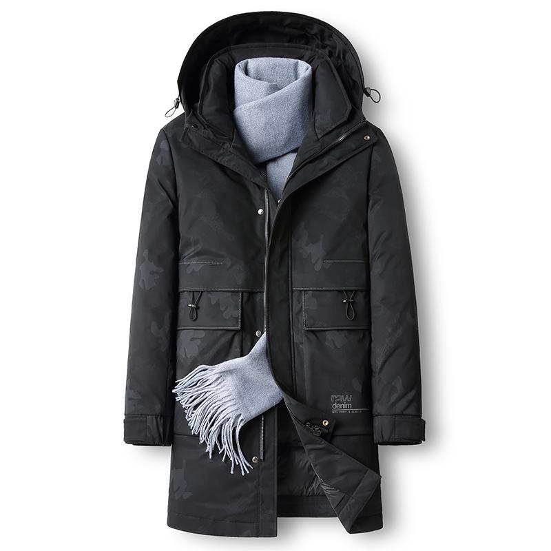 

winter new hooded down jacket men's thick medium length warm casual downs jackets camouflage, Black
