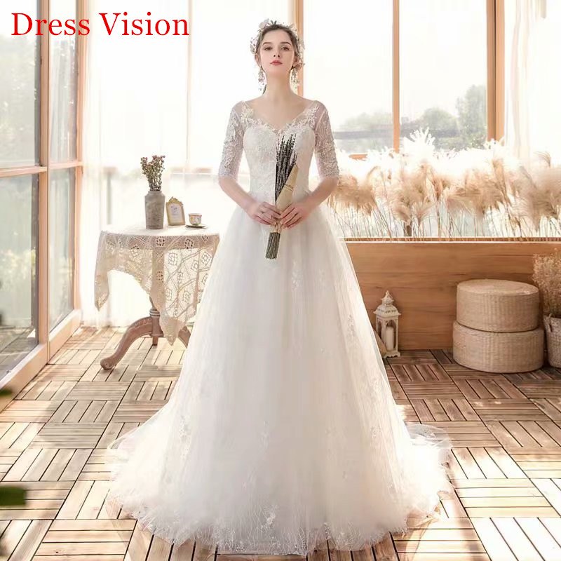 

V-Neck Half Sleeves Vestido De Noiva Wedding Dress Robe De Soiree Bride To Be Lace-Up Robe De Marie, White