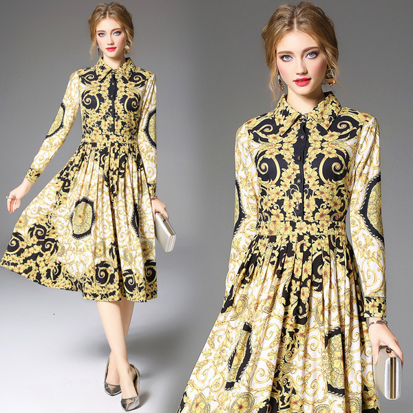 

New High Quality Retro Court Style Baroque Floral Print Lapel Neck Slim Mini Dresses Office Beautiful Lady Long Sleeve Pleated Dress, Black;gray