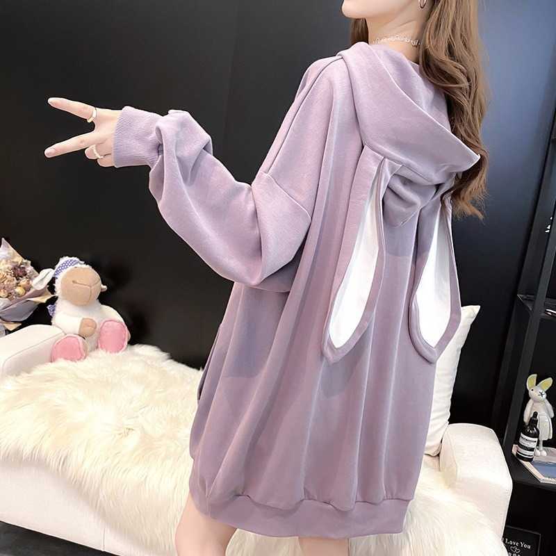 Casual Dresses Fashion Animal Hoodie Women Kawaii Sweet Rabbit Ears Sweatshirts and Hoodies Solid Pocket Long Sleeve Veet Pullover-image-702346431