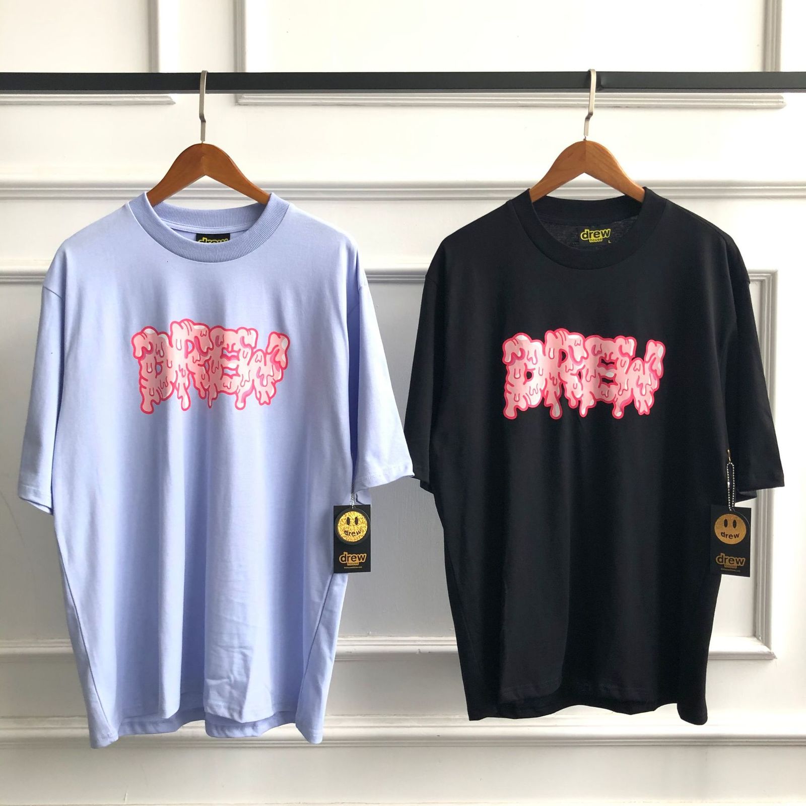 

high Hip street hop kany West smiling face ice cream melt printed short sleeve T-shirt for couples, White;black