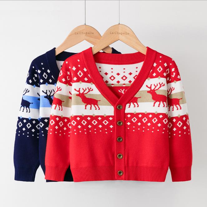 

2-7 YearsKids Christmas cartoon knit sweater cardigan children printed jacquard jacket baby girl sweaters Jumper wool blends boys girls bout, Blue
