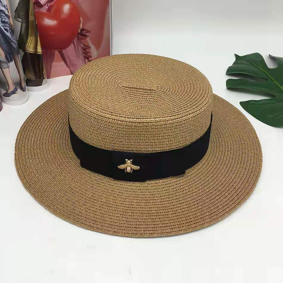 

British style hat summer braided edge retro golden metal bee fashion wide grass belt parent-child flat shade, Gold