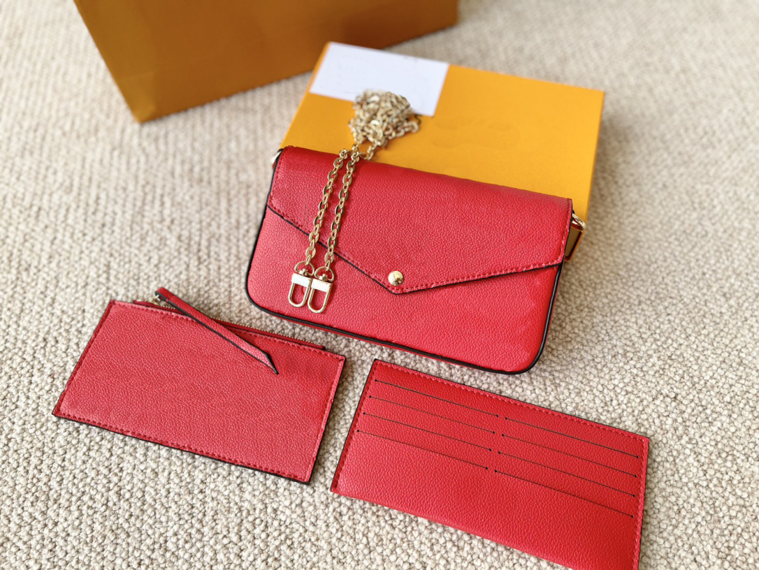 

Three-piece wallet embossed letters flower leather bag fashion chain shoulder portable mini card case with original box wholesale, No bag